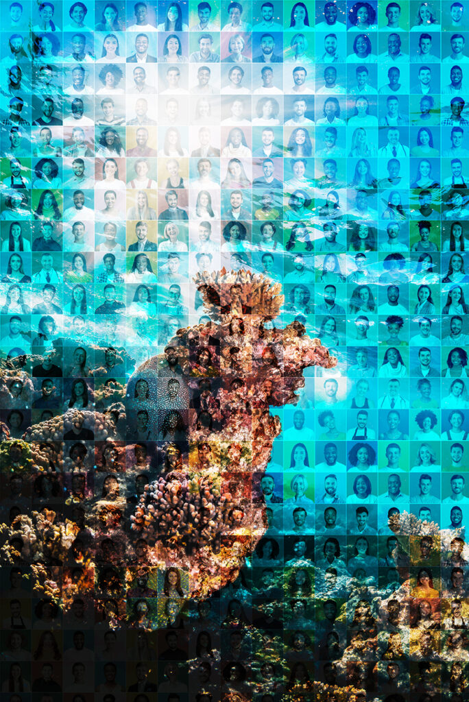 Colourful coral reef in clear blue water made from people